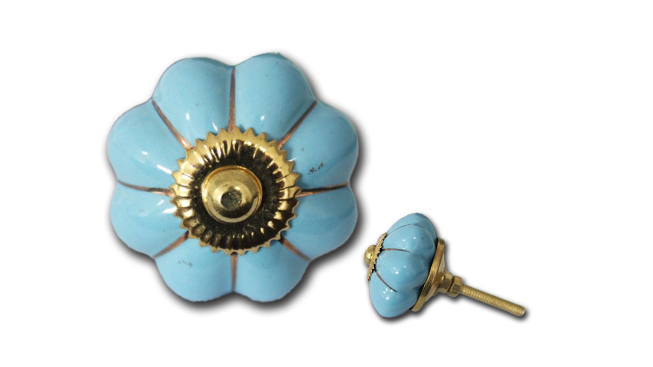 Großer Blumenknauf in blau mit Streifen in gold